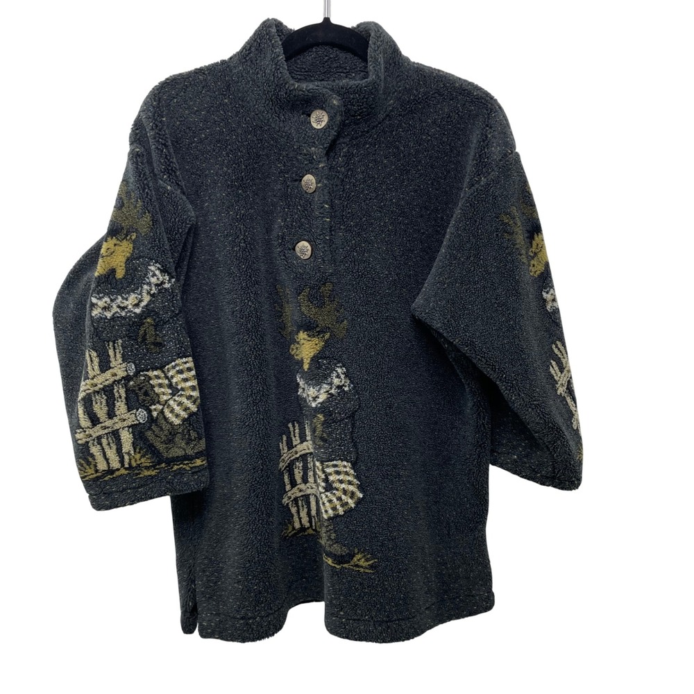 Vtg Vitabella Norway‎ Moose Fleece Pullover Charcoal Grey Cottage Ski Lodge Cozy